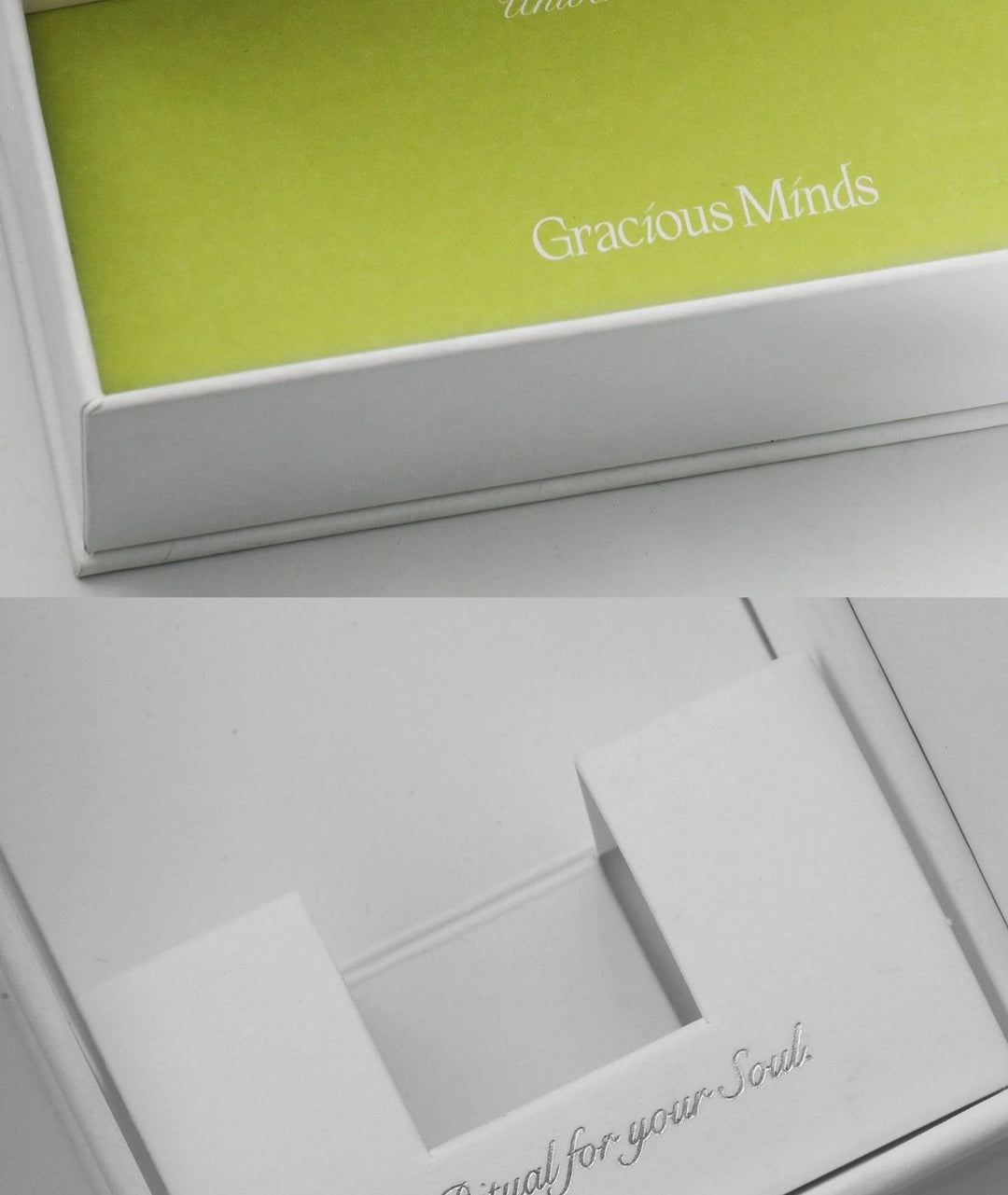 Interior of Gracious Minds packaging showing a green insert and Ritual for your Soul text.