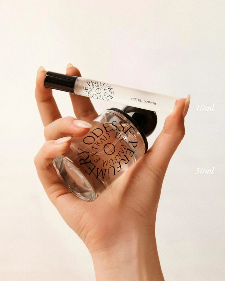 Odesse Hotel Jasmine perfume available in 10ml travel size and 50ml full size extrait de parfum, luxury Australian niche fragrance for women.