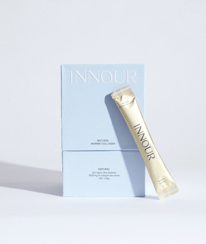 Innour Natural Marine Collagen Natural 30 Sachets product packaging with individual collagen stick pack for convenient daily wellness and beauty support.