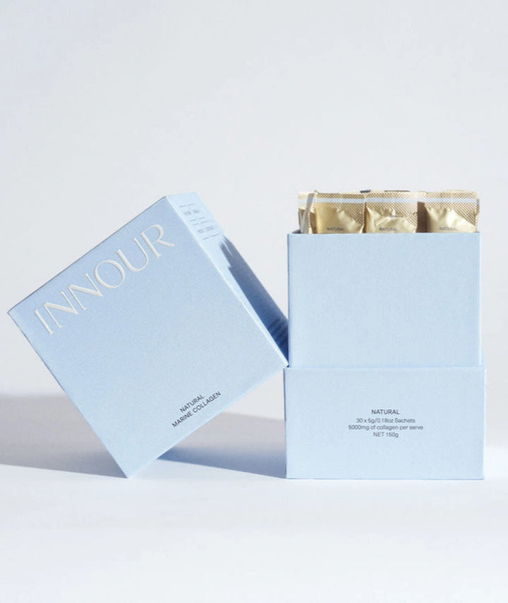 Open Innour Natural Marine Collagen Natural 30 Sachets box displaying convenient single-serve collagen sticks for daily beauty and wellness routines.