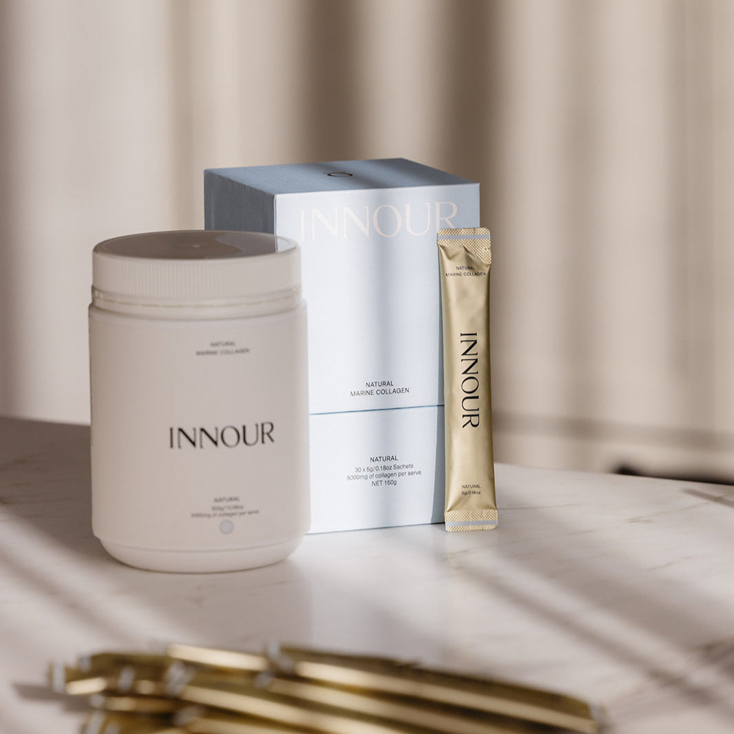 Innour Natural Marine Collagen powder jar, sachet and gift box for skin glow, hair, nails and wellness at VAMS Beauty Australia