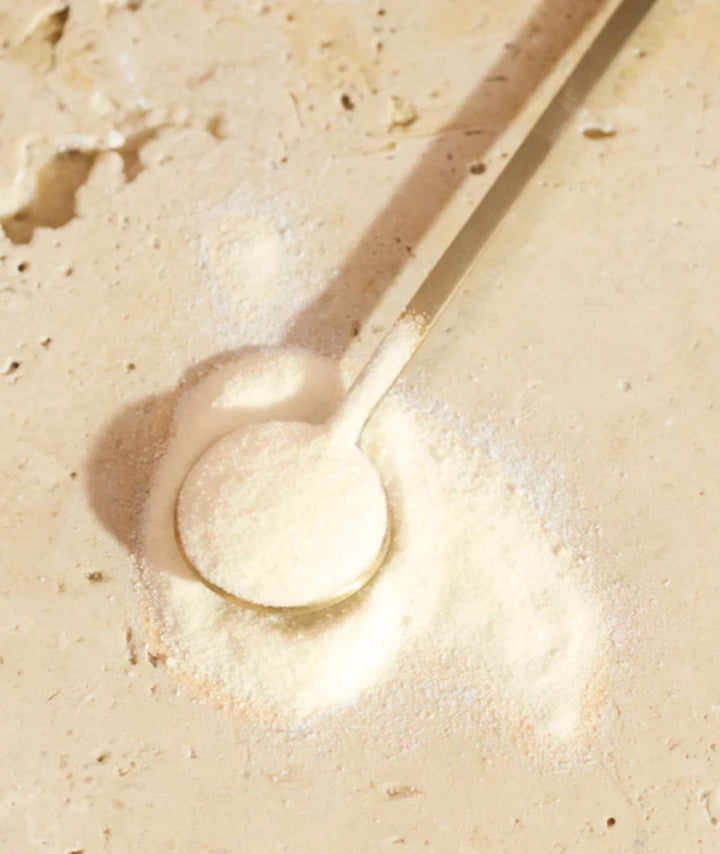 Close-up texture of Innour Natural Marine Collagen Summer Fruits powder, showcasing premium marine collagen supplement for beauty and wellness support.
