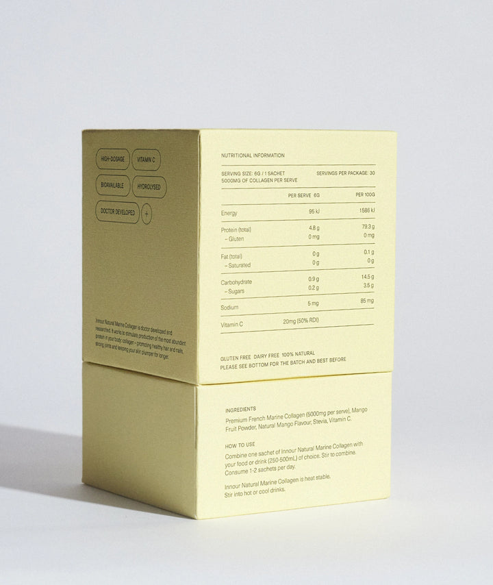 Back of Innour Natural Marine Collagen Summer Fruits 30 Sachets packaging showing nutritional information, ingredients and collagen content details.