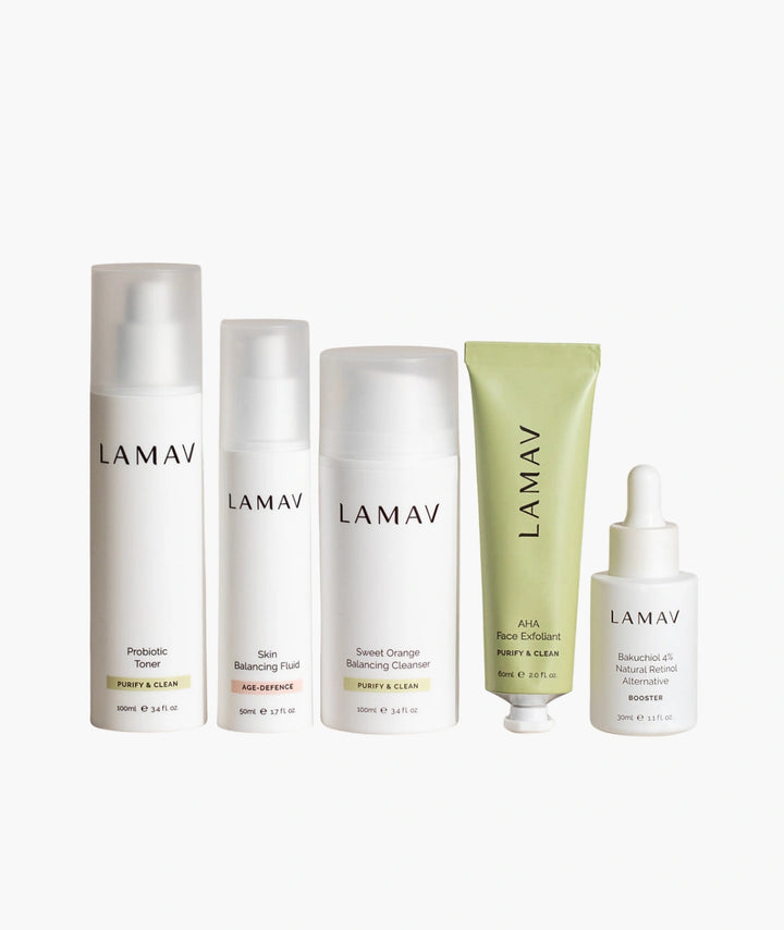 LAMAV Acne Essential Kit featuring Probiotic Toner, Skin Balancing Fluid, Sweet Orange Balancing Cleanser, AHA Face Exfoliant and Bakuchiol Booster for acne-prone skin in Australia.
