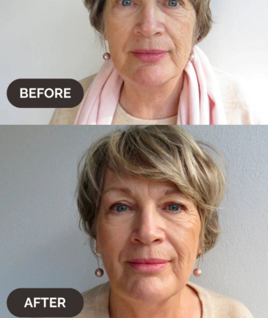 Before and after results using LAMAV Anti-Ageing Mineral Foundation SPF15. Flawless coverage on mature skin.