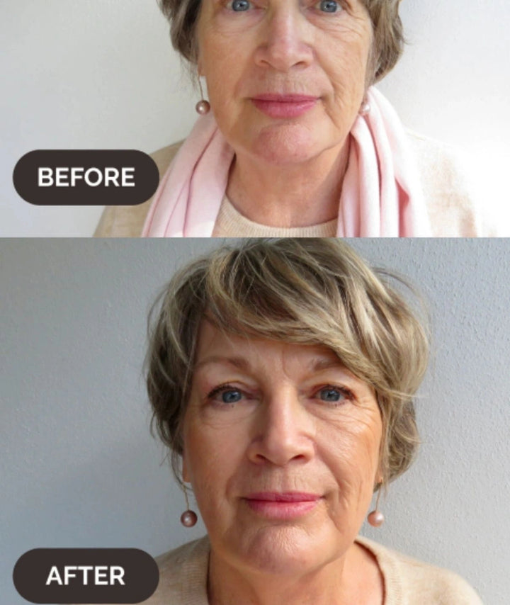 Before and after results using LAMAV Anti-Ageing Mineral Foundation SPF15. Flawless coverage on mature skin.