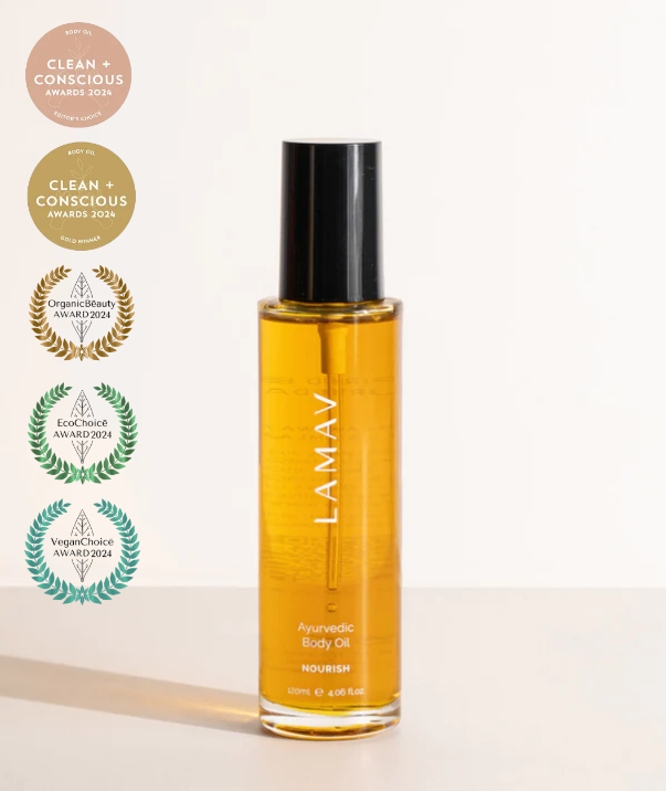 Award-winning LAMAV Ayurvedic Body Oil Nourish with 2024 Organic Beauty and Vegan Choice badges.