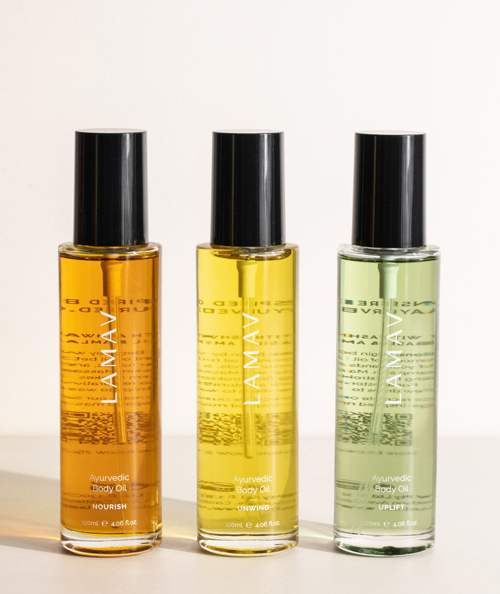 Set of three LAMAV Ayurvedic Body Oils for skin nourishment and hydration.