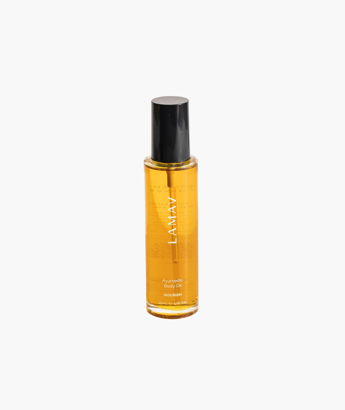 LAMAV Ayurvedic Body Oil Nourish 120ml isolated on white background. Organic daily body moisturizer.
