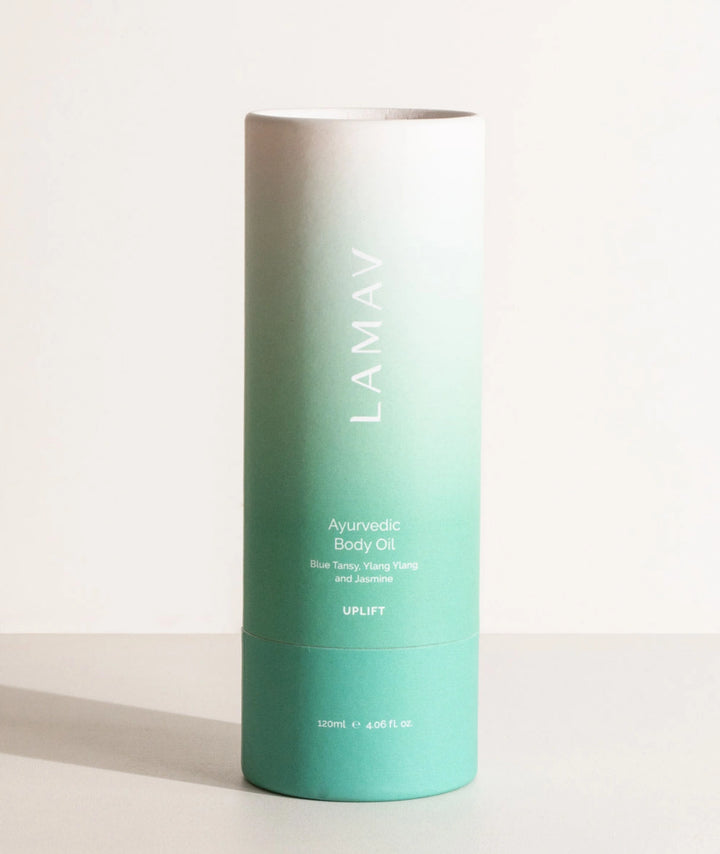 LAMAV Ayurvedic Body Oil Uplift packaging with Blue Tansy, Ylang Ylang and Jasmine body oil