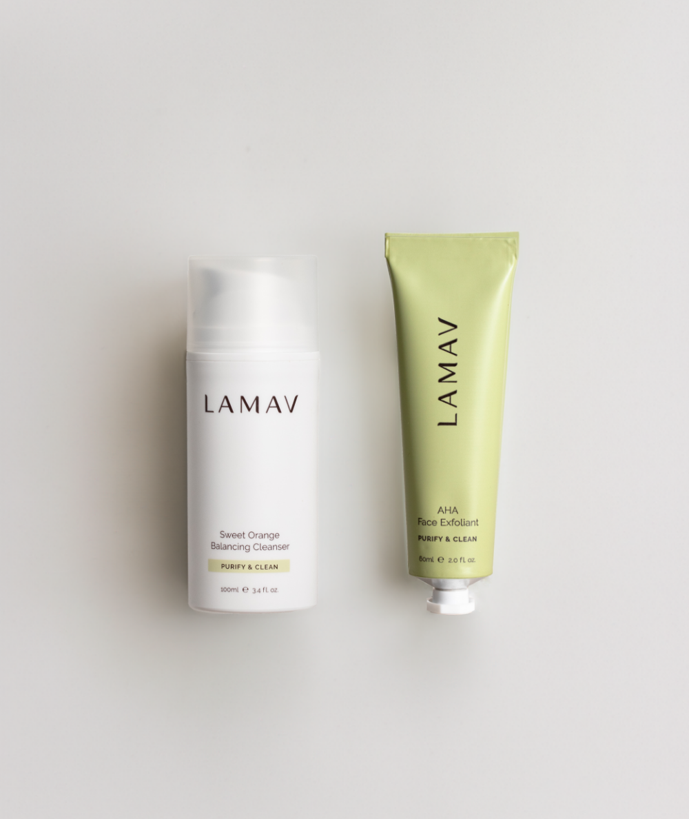 LAMAV Cleanse and Polish Pack top-down view. Sweet Orange Cleanser and AHA Face Exfoliant on a flat white surface.