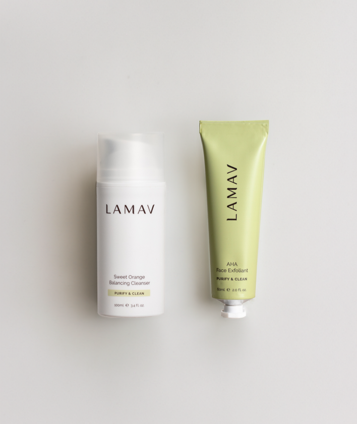 LAMAV Cleanse and Polish Pack top-down view. Sweet Orange Cleanser and AHA Face Exfoliant on a flat white surface.