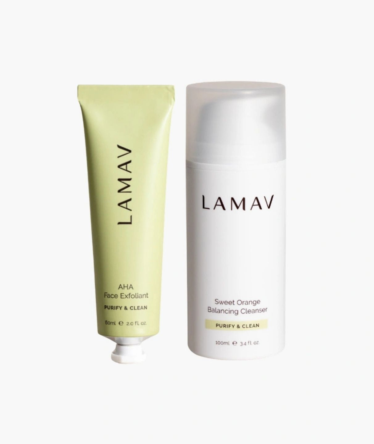 LAMAV Cleanse and Polish Pack isolated on white. Organic AHA Face Exfoliant and Sweet Orange Balancing Cleanser.