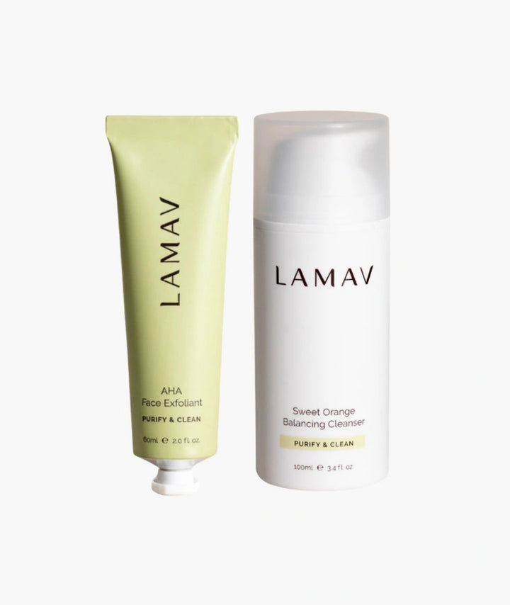 LAMAV Cleanse and Polish Pack isolated on white. Organic AHA Face Exfoliant and Sweet Orange Balancing Cleanser.