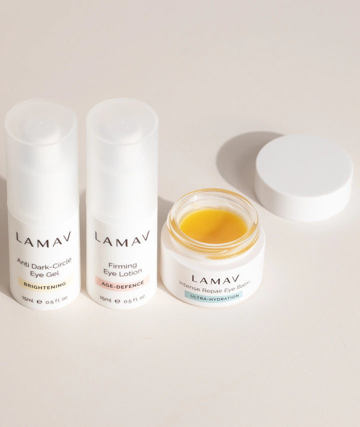 LAMAV Complete Eye Care Collection featuring Anti Dark-Circle Eye Gel, Firming Eye Lotion and Intense Repair Eye Balm for brightening, firming and hydrating the eye area.
