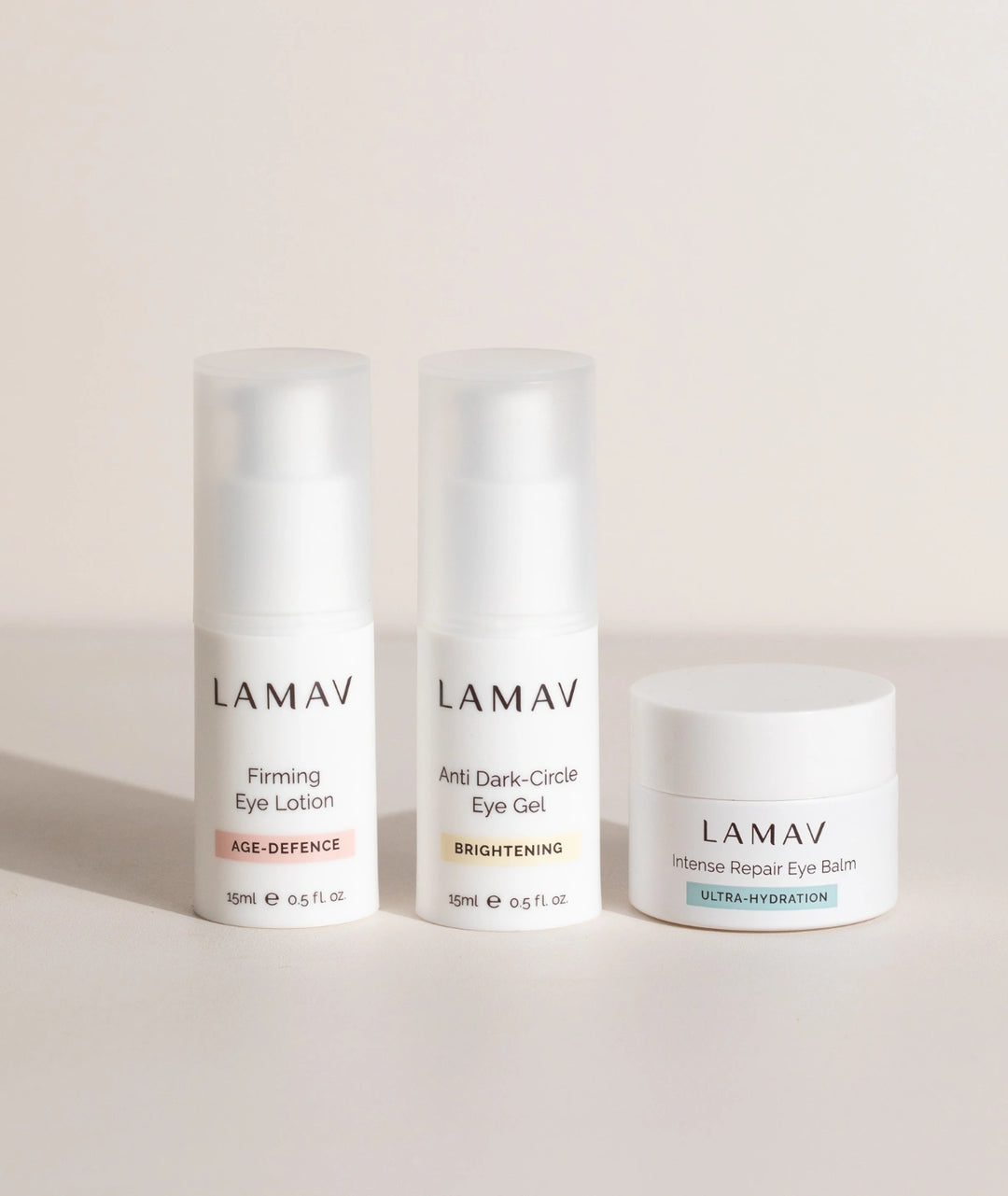 LAMAV Complete Eye Care Collection with Firming Eye Lotion, Anti Dark-Circle Eye Gel and Intense Repair Eye Balm formulated to target dark circles, puffiness, fine lines and wrinkles.