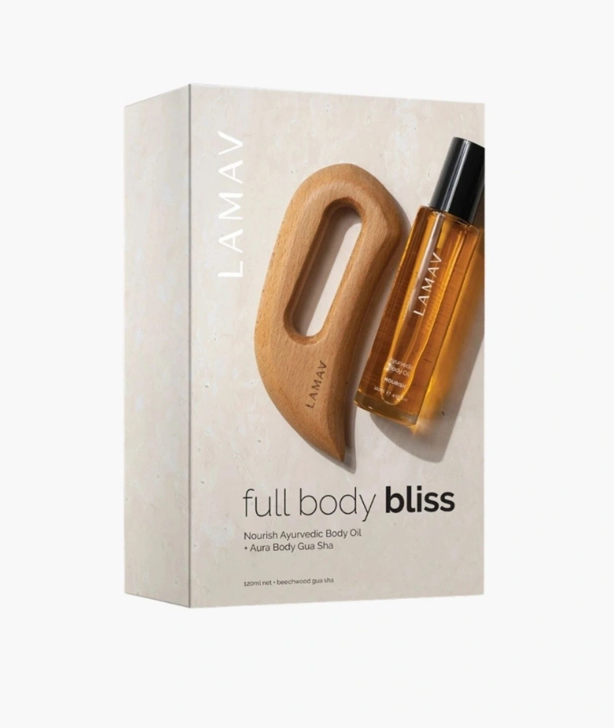 LAMAV Full Body Bliss set box featuring Nourish Ayurvedic Body Oil and Aura Body Gua Sha.