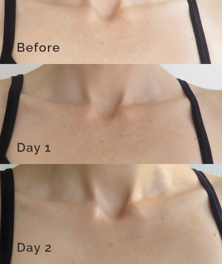 Before, Day 1, and Day 2 progression results using LAMAV Gradual Tanning Moisturiser on the chest and neck.