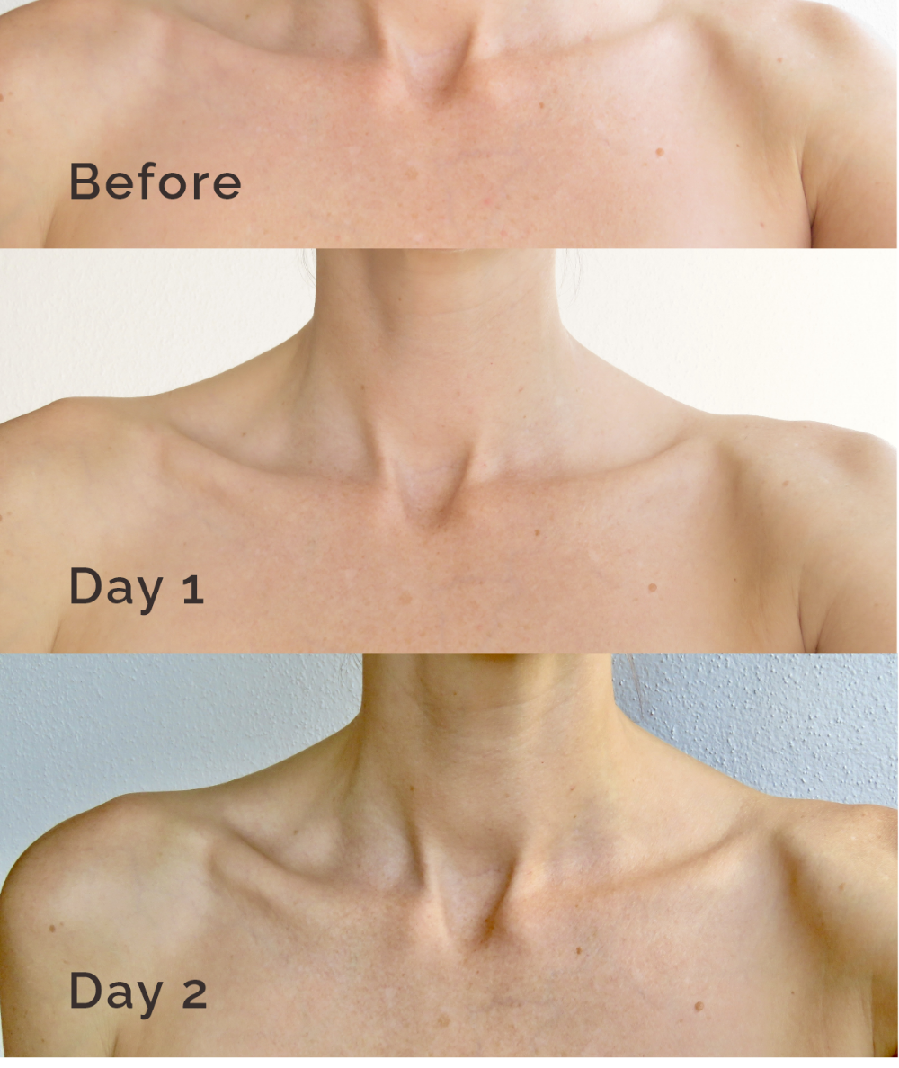 Before, Day 1, and Day 2 gradual tanning progression on chest using LAMAV Gradual Tanning Moisturiser.