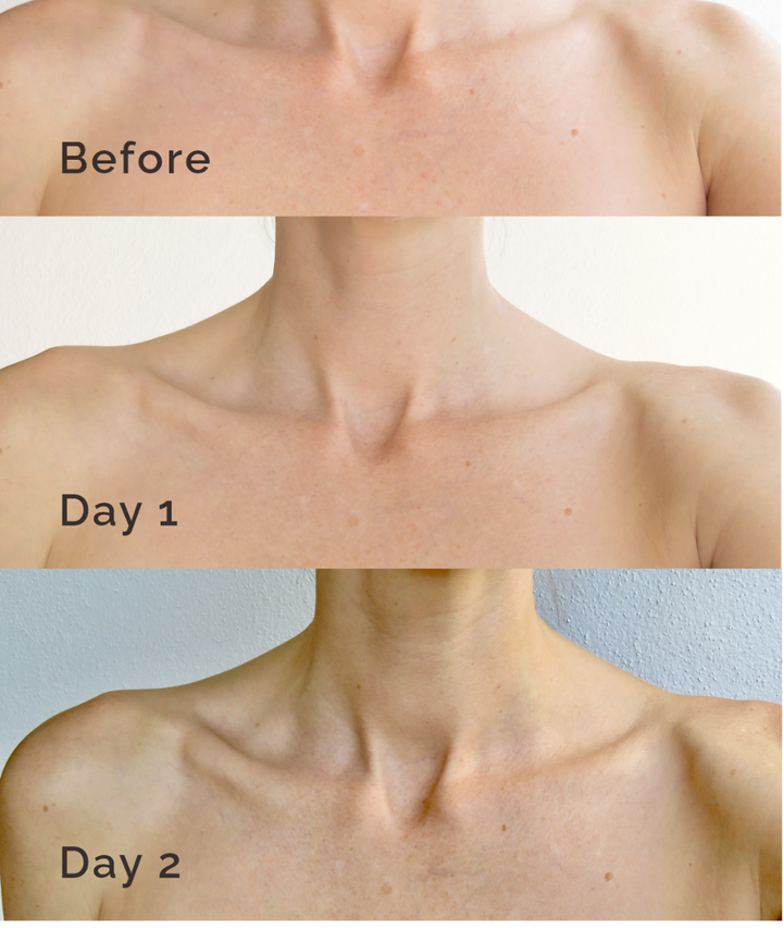 Before, Day 1, and Day 2 gradual tanning progression on chest using LAMAV Gradual Tanning Moisturiser.