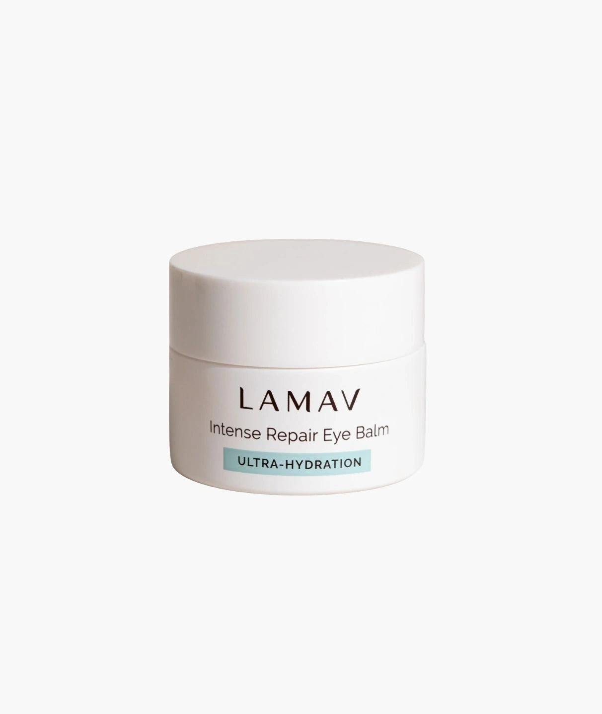 LAMAV Intense Repair Eye Balm closed jar isolated on white. Ultra-hydration organic eye cream for anti-aging.
