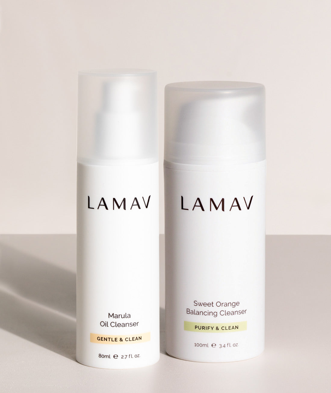 LAMAV Double Cleansing Duo showing Marula Oil and Sweet Orange Balancing Cleanser textures.