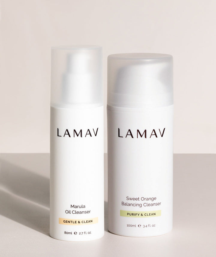 LAMAV Double Cleansing Duo showing Marula Oil and Sweet Orange Balancing Cleanser textures.