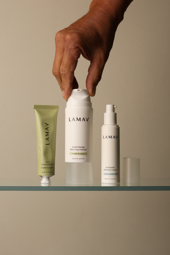 LAMAV men's face exfoliant formulated to gently remove dead skin cells, smooth rough texture and support a clearer, healthier-looking complexion.