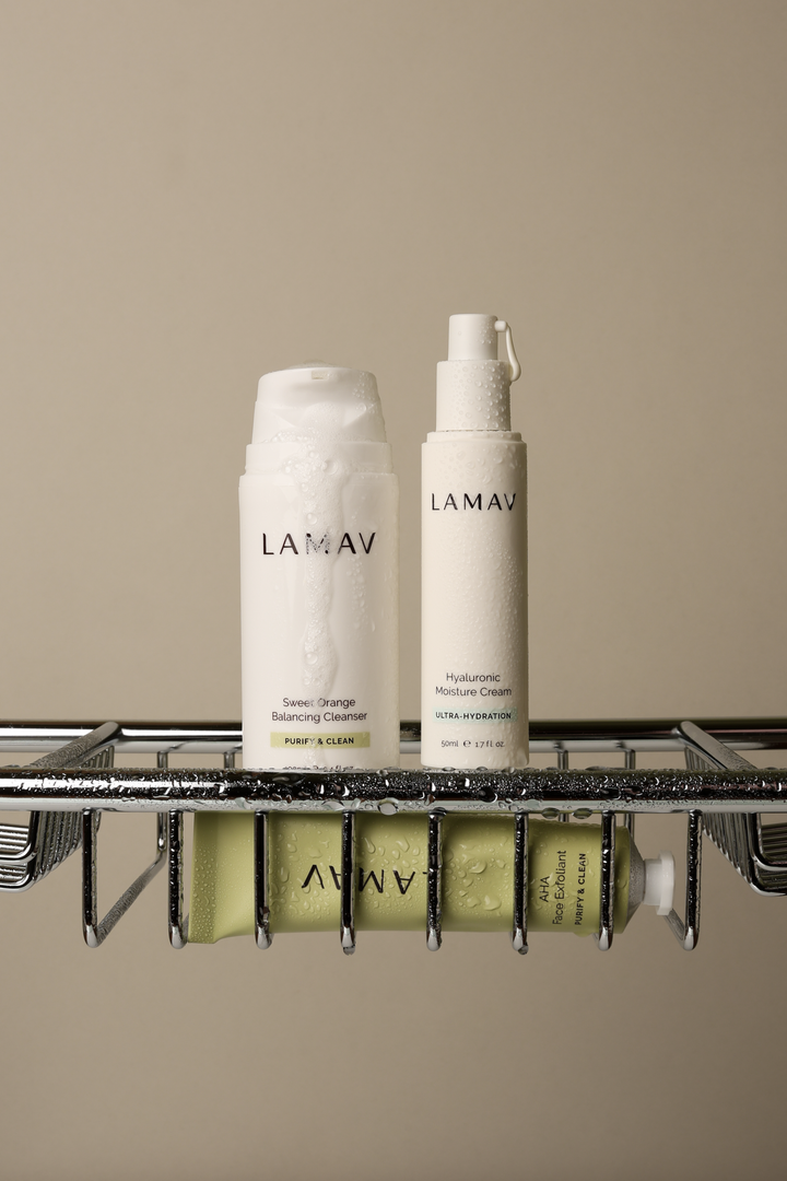 LAMAV men's moisturiser and organic gel cleanser providing lightweight hydration and daily skin barrier support for dry, dehydrated and sensitive skin.