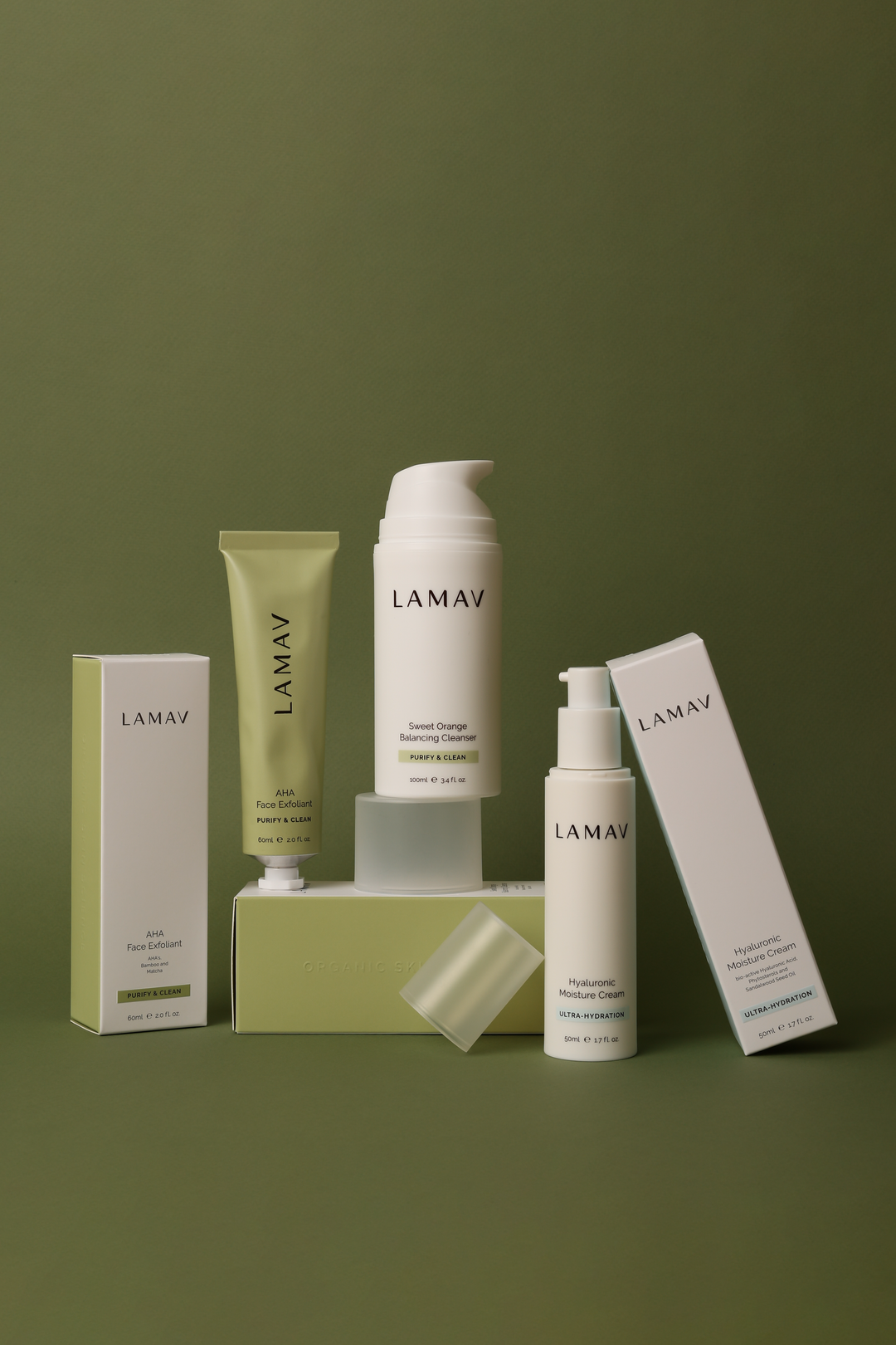 Complete LAMAV Men's Skin Essentials skincare set featuring cleanser, exfoliant and moisturiser for a simple men's skincare routine focused on cleansing, hydration and skin health