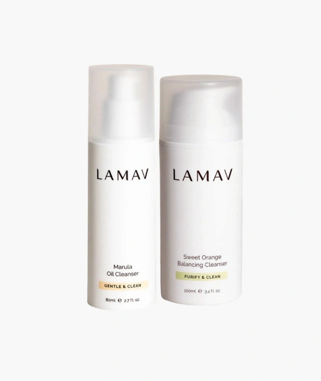 LAMAV Double Cleansing Duo for oily combination skin isolated on white. Marula Oil and Sweet Orange cleansers.