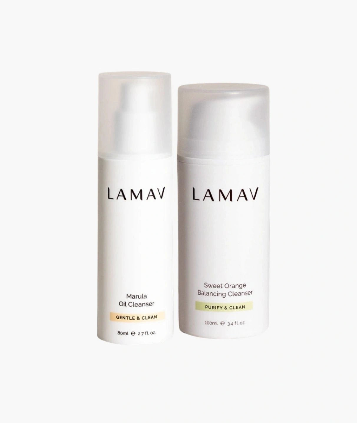 LAMAV Double Cleansing Duo for oily combination skin isolated on white. Marula Oil and Sweet Orange cleansers.