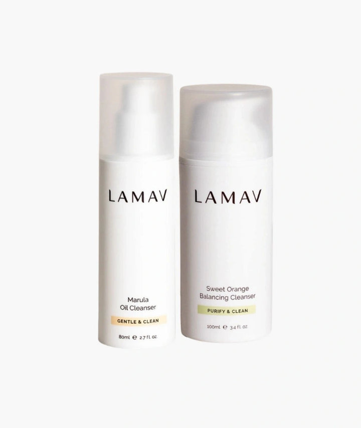 LAMAV Double Cleansing Duo for oily combination skin isolated on white. Marula Oil and Sweet Orange cleansers.