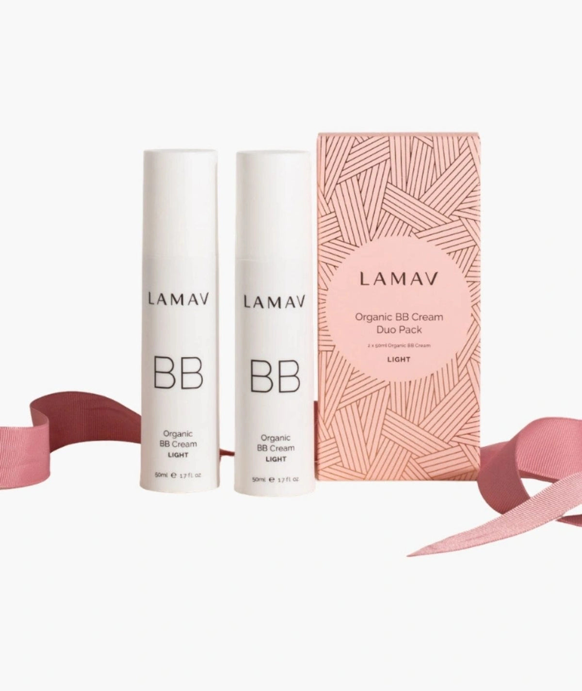 Text: LAMAV Organic BB Cream Duo Pack in Light featuring two bottles and the pink box wrapped with a ribbon.