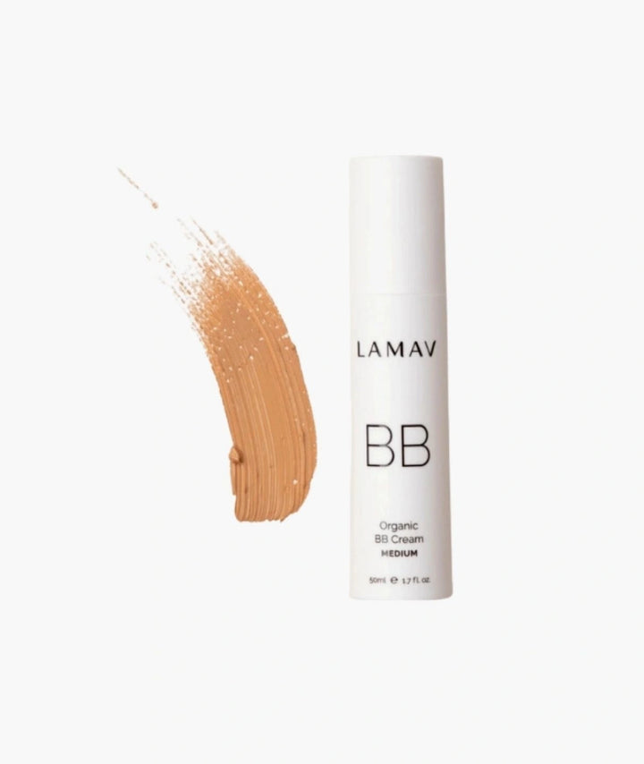 Top view of LAMAV Medium Organic BB Cream bottle alongside a textured cream swatch.