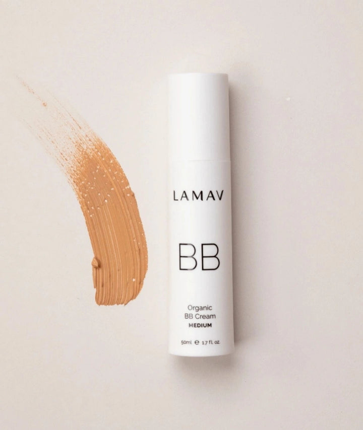 LAMAV Organic BB Cream bottle in shade Medium next to a product swatch on a light background.