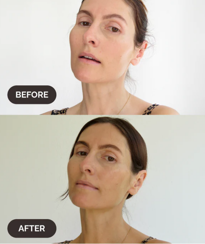 Before and after facial tanning results using the LAMAV sunless tanning mist for a natural bronze glow.
