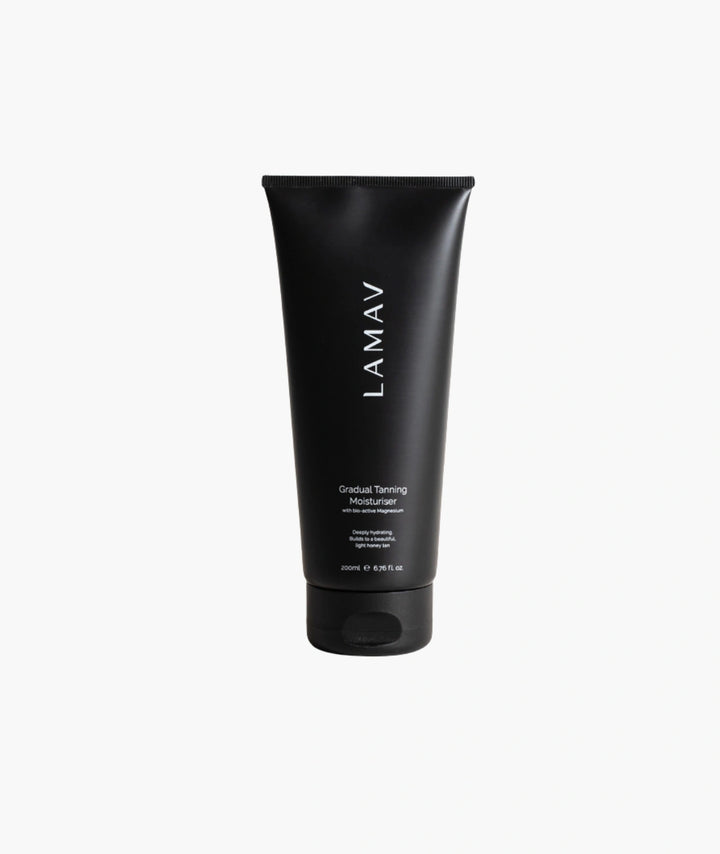 LAMAV Gradual Tanning Moisturiser 200ml isolated on white. Organic sunless tanning lotion in a black tube.
