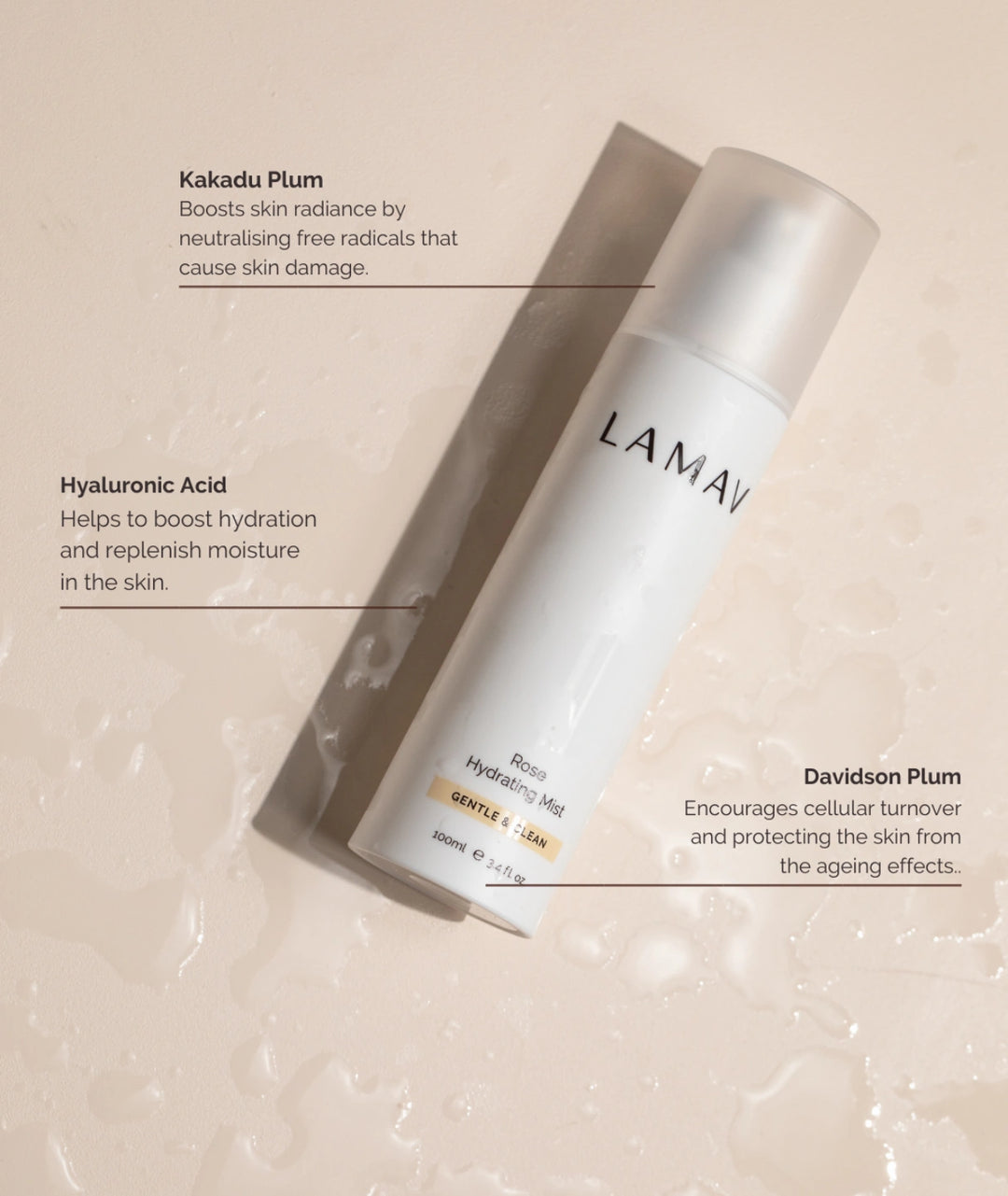 LAMAV Rose Hydrating Mist highlighting Kakadu Plum, Hyaluronic Acid, and Davidson Plum ingredients