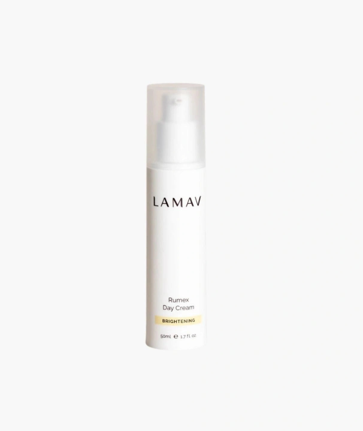 LAMAV Rumex Day Cream 50ml isolated on a white background. Brightening facial moisturizer in a pump bottle.