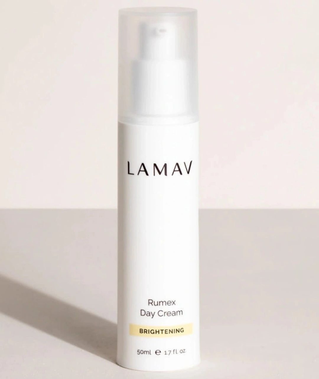 LAMAV Rumex Day Cream 50ml standing on a minimalist surface. Brightening daily face lotion for radiant skin.