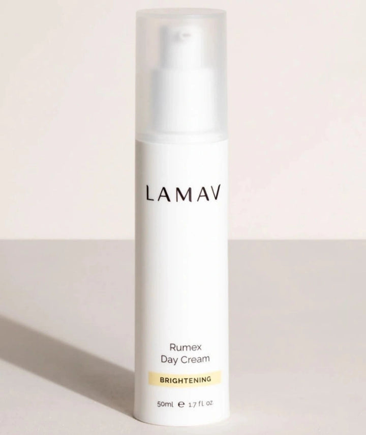 LAMAV Rumex Day Cream 50ml standing on a minimalist surface. Brightening daily face lotion for radiant skin.