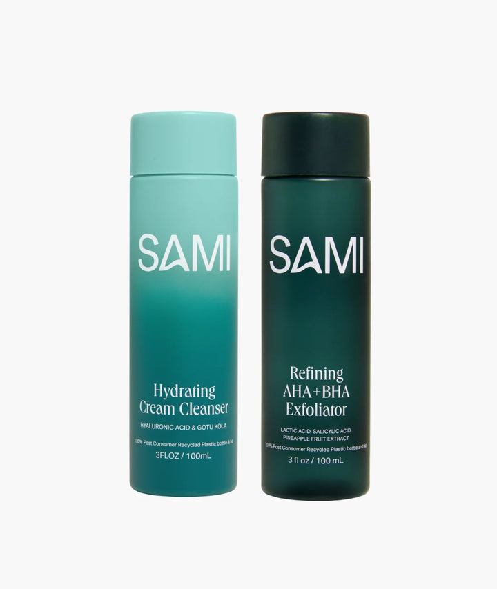 SAMI Skincare Set by LAMAV — two green bottles and two matching boxes, front view | hydrating and exfoliating routine