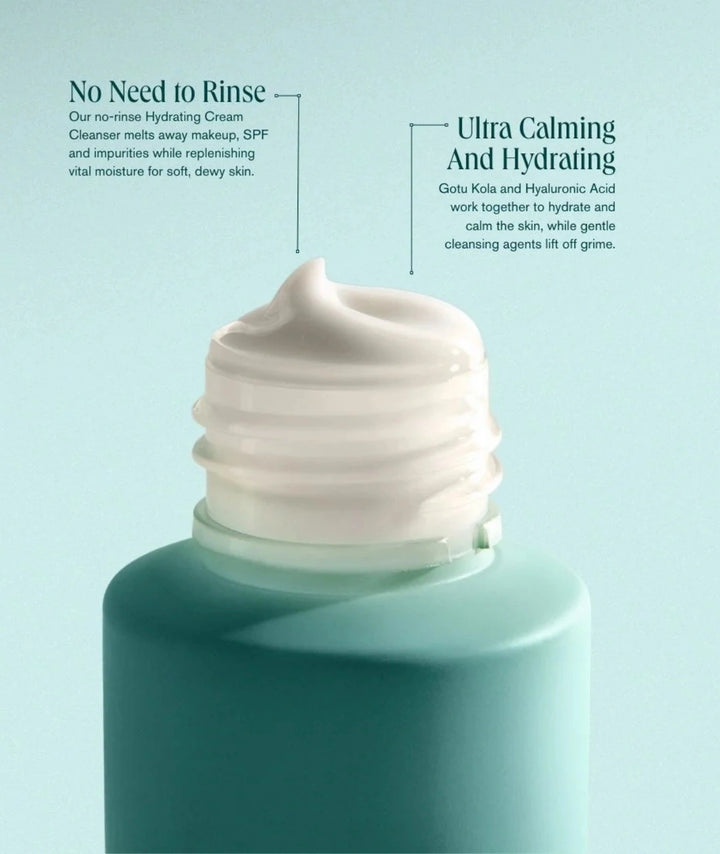 Hydra-Cream Cleanser by LAMAV — macro shot of cream texture pouring from a green bottle on light blue background | ultra calming and hydrating