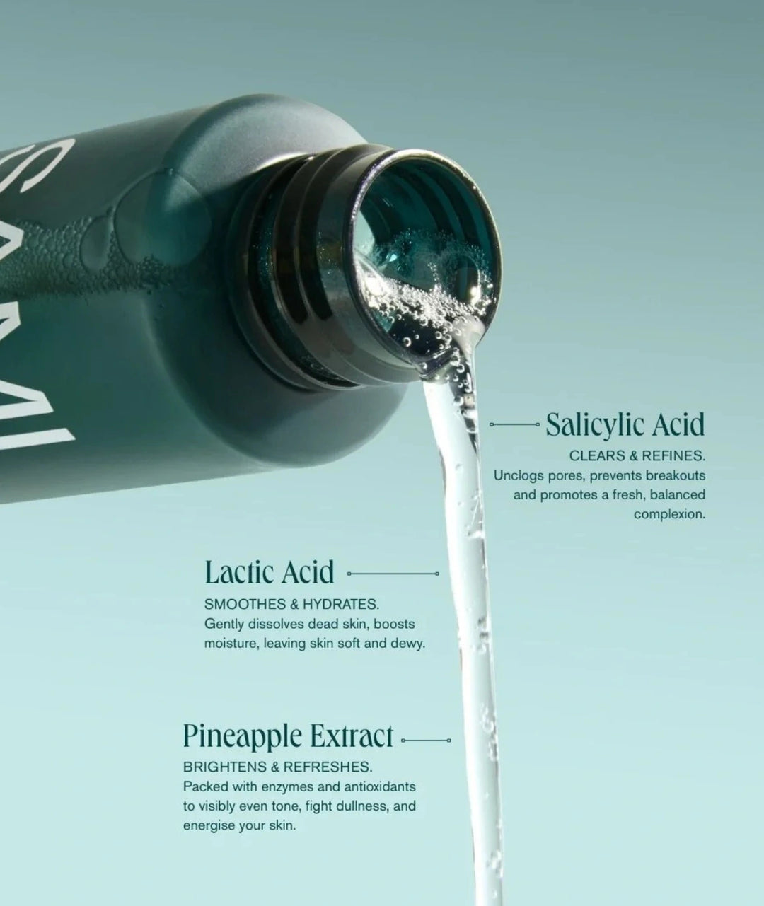 Refining AHA+BHA Exfoliator by LAMAV — macro shot of clear liquid pouring from a green bottle on light blue background | clears, refines, brightens