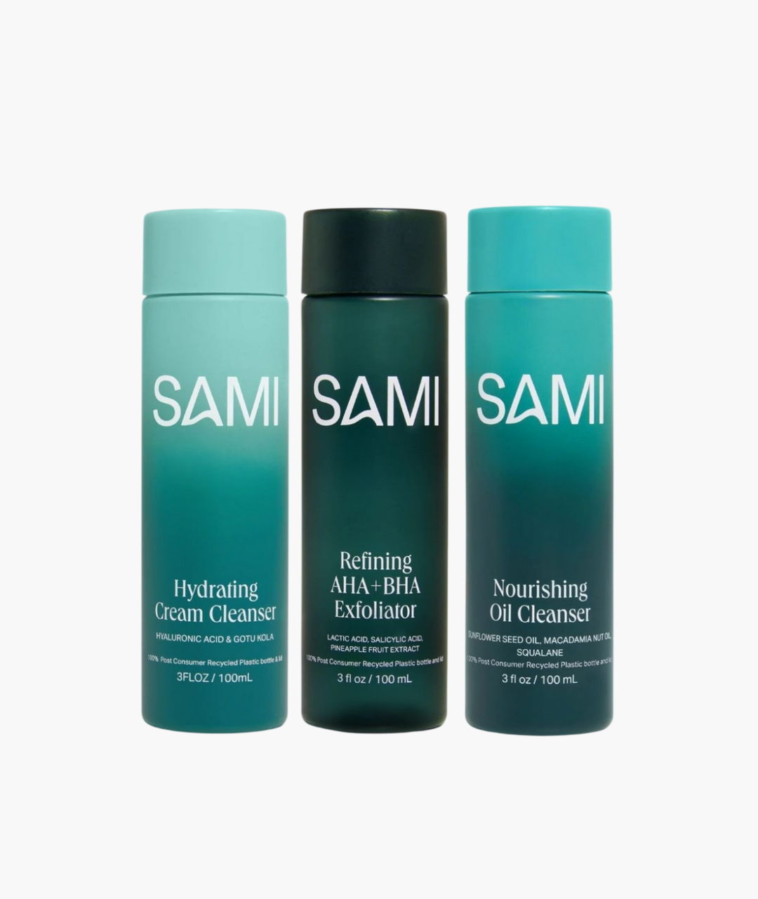 SAMI Skincare Trio by LAMAV — professional studio shot of three green bottles on white background, showing key ingredients | complete routine