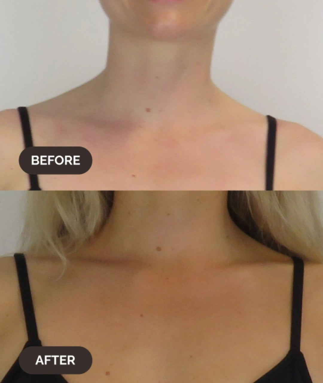 Before and after results of LAMAV self tan mist on a woman's chest and collarbone.