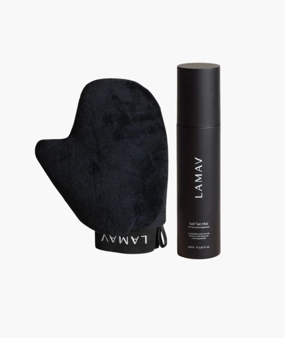 LAMAV Glow on the Go bundle isolated on white. Self Tan Mist and black velvet application mitt.