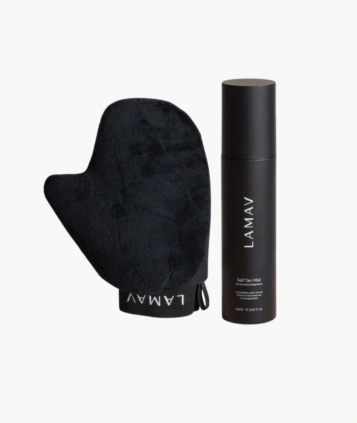 LAMAV Glow on the Go bundle isolated on white. Self Tan Mist and black velvet application mitt.