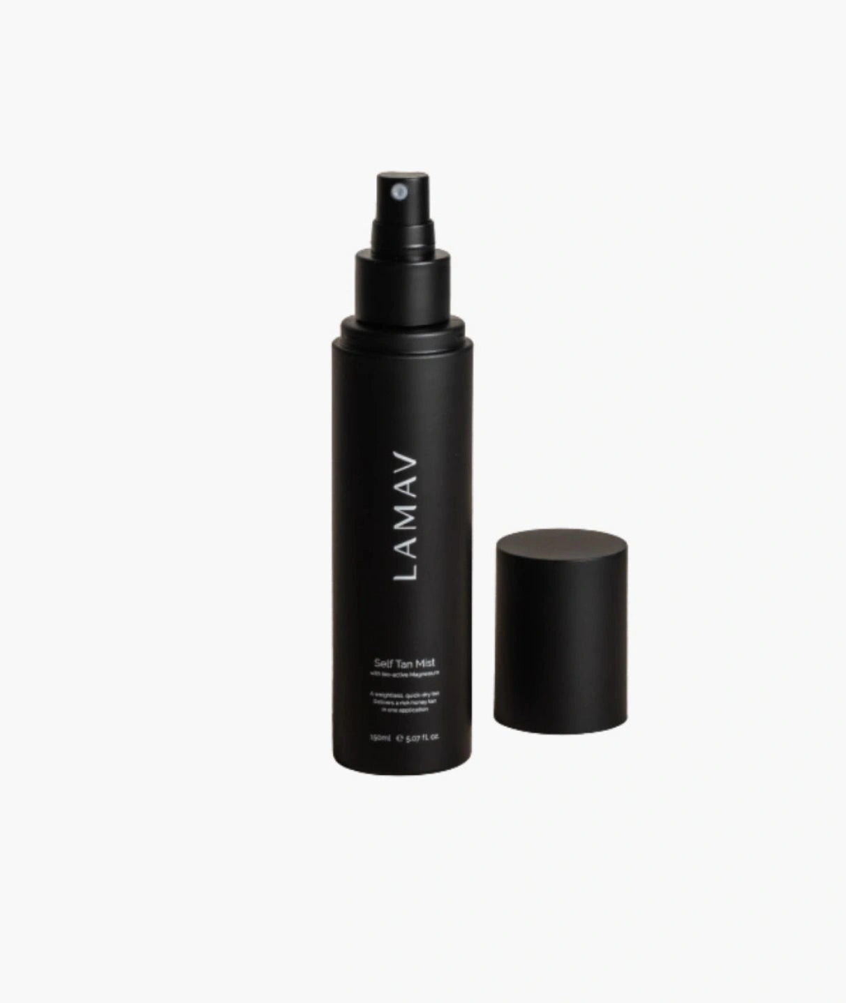Open LAMAV Self Tan Mist bottle showing the black spray nozzle with cap removed.
